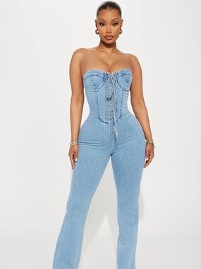 Light Blue Strapless Corset Denim jumpsuit- Women
